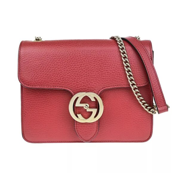 GUCCI Logo Interlocking G Chain Mini Shoulder Bag Leather Red GHW Italy - Picture 1 of 14